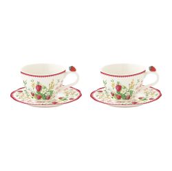 EasyLife | Порцеланови чаши за кафе 120мл комплект 2бр с чинийки | JARDIN DES FRAISES