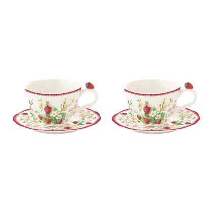 EasyLife | Порцеланови чаши за кафе 120мл комплект 2бр с чинийки | JARDIN DES FRAISES