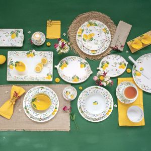 EasyLife | Купи за предястия порцелан 4 бр к-т върху бамбуков поднос | FLEURS ET CITRONS