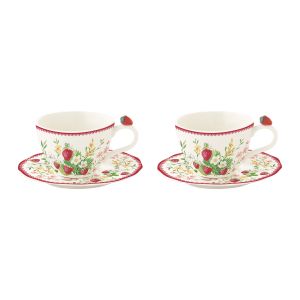 EasyLife | Порцеланови чаши за кафе 120мл комплект 2бр с чинийки | JARDIN DES FRAISES