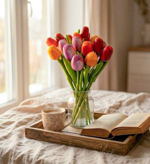 Ръчно изработени дървени лалета от Холандия, аранжирани в уютен интериор с чаша кафе и книга.